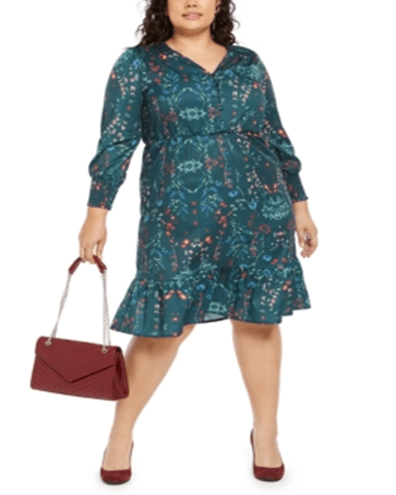 Front of a model wearing a size 3X NY Collection Women's Plus Printed Smocked-Sleeve MIDI Dress Green Size 3X in Green by NY Collection. | dia_product_style_image_id:312983